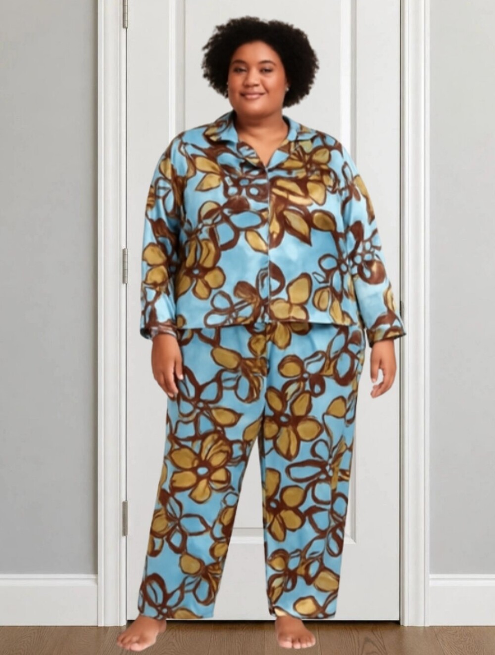 A) 5XL Floral Satin Pajama Set – Button-Up Top & Pants | Brown Blue Yellow | Lig